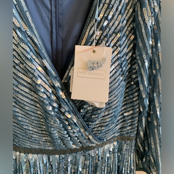 MAC DUGGAL SLATE BLUE SEQUINED WRAP OVER 3/4 SLEEVE GOWN (14) NWT 🌴 - Picture 15 of 16